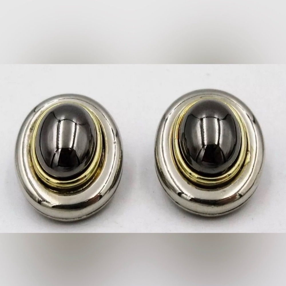 Vintage Earrings Clip On Gold Silver Signed Earrings Chunky Two Tone Jewelry LC